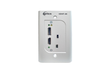 HDHF-4K HDMI 2.0 & DisplayPort 1.2 Wall Plate Converter | 4K 60 Hz • 300 m LC Fiber • Multi-Format Optical Extender HDHF-4K, HDMI 2.0 wall plate converter, DisplayPort 1.2 converter, 4K 60Hz HDMI over fiber, multi-format wall plate, LC OM3 multimode fiber, 300m HDMI extender, optical HDMI converter, DIP switch input selection, HDFX-500-RX compatible, HDFX-700-RX compatible, medical AV extender, professional AV wall plate, zero latency 4K transmission, Opticis wall plate extender